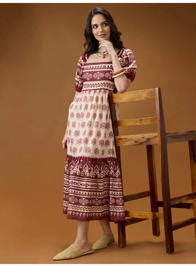 globus Globus Women Maroon Square Neck Puff Sleeves Ethnic Print Smocked Tiered Fit & Flare Midi Dress