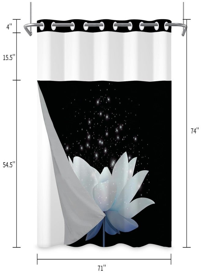 Leowefowa Lotus No Hook Shower Curtain with Snap in Liner, Blue White Floral Modern Zen Double Layer Shower Curtain and Liner Set, Ringless with Window Waterproof Cloth Fabric, 71" W X 74" L - Image 5