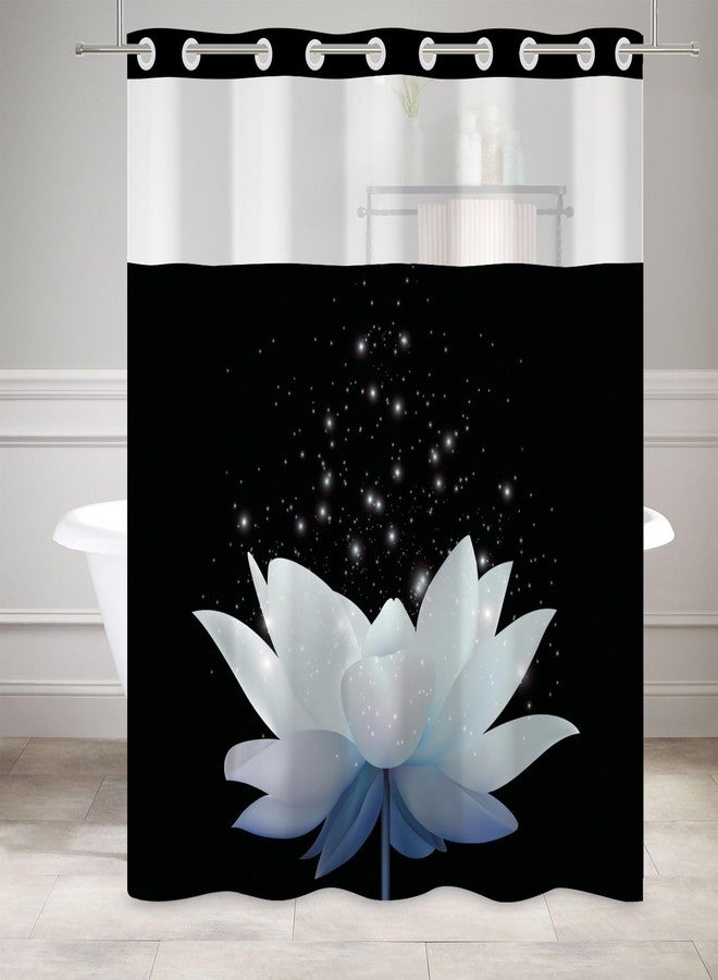 Leowefowa Lotus No Hook Shower Curtain with Snap in Liner, Blue White Floral Modern Zen Double Layer Shower Curtain and Liner Set, Ringless with Window Waterproof Cloth Fabric, 71" W X 74" L - Image 3