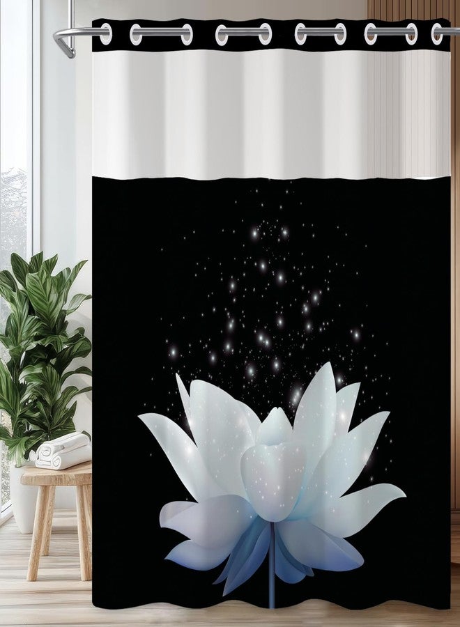 Leowefowa Lotus No Hook Shower Curtain with Snap in Liner, Blue White Floral Modern Zen Double Layer Shower Curtain and Liner Set, Ringless with Window Waterproof Cloth Fabric, 71" W X 74" L - Image 1