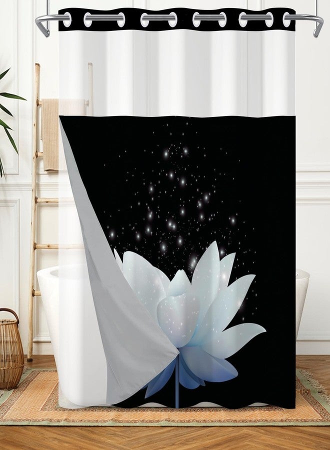 Leowefowa Lotus No Hook Shower Curtain with Snap in Liner, Blue White Floral Modern Zen Double Layer Shower Curtain and Liner Set, Ringless with Window Waterproof Cloth Fabric, 71" W X 74" L - Image 4