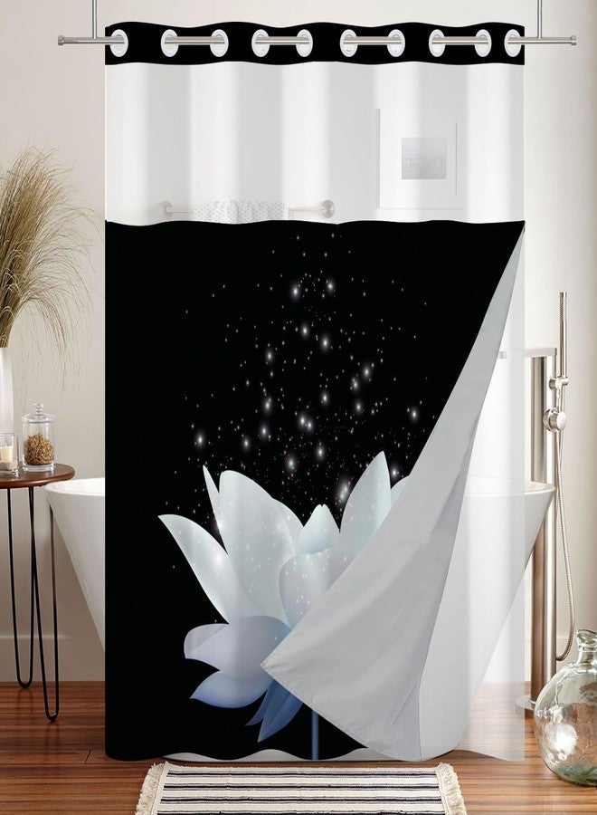 Leowefowa Lotus No Hook Shower Curtain with Snap in Liner, Blue White Floral Modern Zen Double Layer Shower Curtain and Liner Set, Ringless with Window Waterproof Cloth Fabric, 71" W X 74" L - Image 2