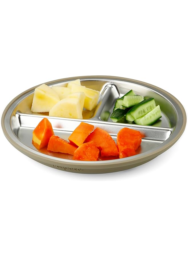 PandaEar 2 Pack Stainless Steel Baby Suction Plates & 2 Pack Spoons And Forks Set Toddler Utensils Baby Feeding Set Divided Plates For Baby Led Weaning Supplies Bpa Free (Tan/Walnut) - Image 5