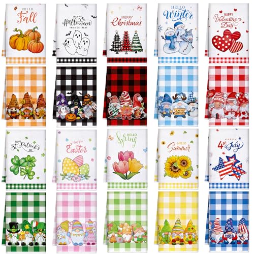 FuWeave 20 Pcs Holiday Kitchen Towels Seasonal Decorative Hand Towels Set Christmas Dish Cloths Winter Valentine's Day 16 x 24 Colorful Wash Cloths with Hanging Loop(Cute) - Image 1