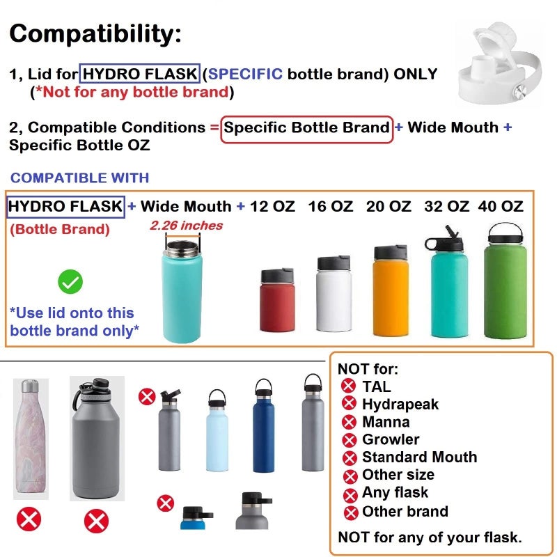 DBIW Lid for Hydroflask 32 40 64 oz Wide Mouth, Replacement Chug Cap with Flex Handle Compatible with Hydro Flask 12 16 20 Ounce Kids Bottle, BPA Free, Top Water Bottle Accessories, White - Image 3