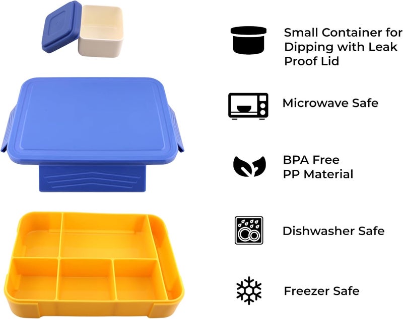 Cravista Bento Lunch Box for Kids - 1330ml Leak Proof BPA Free Lunchbox with 5 Compartments, Cutlery & Sauce Bowl | Microwave Safe Tiffin for School, Office | Bento Box for Boys (Blue) - Image 3