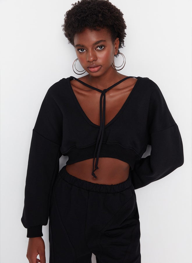 trendyol Black Thick Inner Fleece Hooded V Neck Relaxed Cut Crop Knitted Sweatshirt TWOAW23SW00096 - Image 1