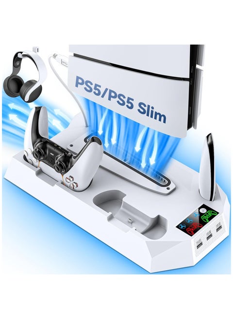 PS5 Stand, PS5 Slim Stand with Cooling, Charging Station & RGB LED - Fits PS5 Standard & Slim Consoles (Disc/Digital) | Dual Controller Charger, Turbo Fan, 3 USB Ports & Headset Holder, White