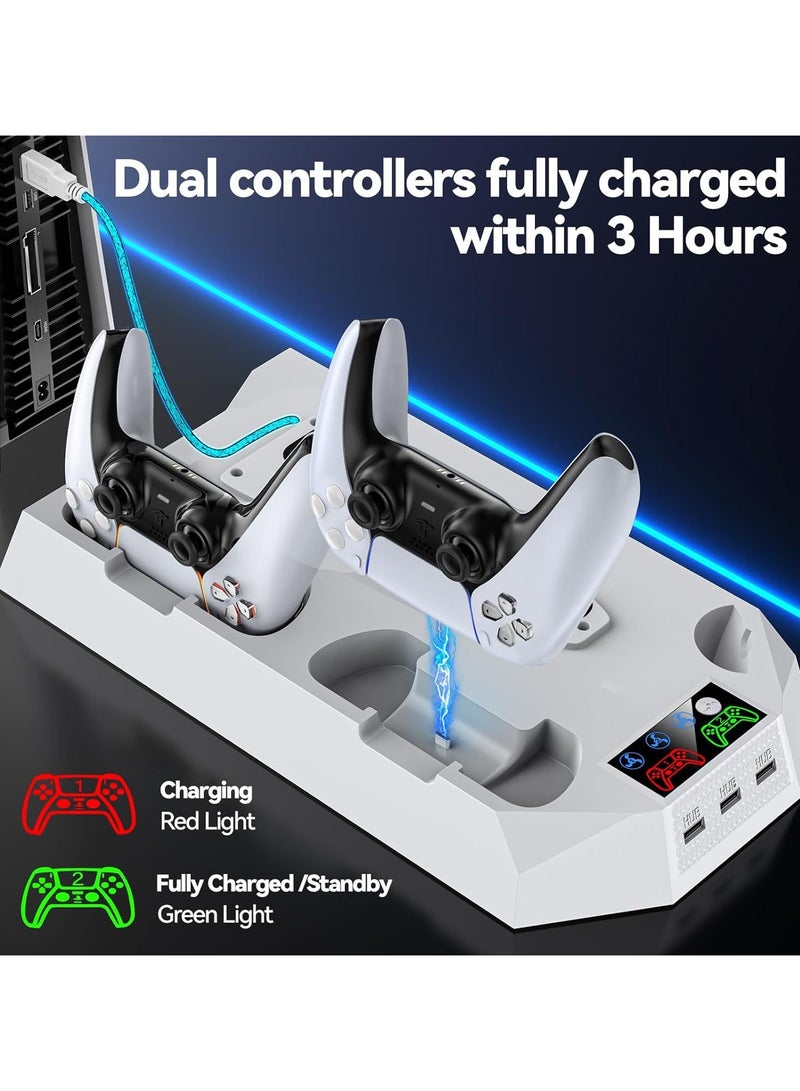 PS5 Stand, PS5 Slim Stand with Cooling, Charging Station & RGB LED - Fits PS5 Standard & Slim Consoles (Disc/Digital) | Dual Controller Charger, Turbo Fan, 3 USB Ports & Headset Holder, White  - Image 2