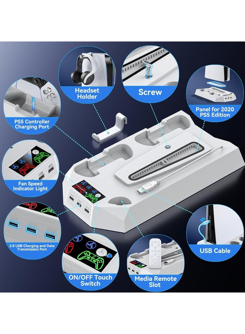 PS5 Stand, PS5 Slim Stand with Cooling, Charging Station & RGB LED - Fits PS5 Standard & Slim Consoles (Disc/Digital) | Dual Controller Charger, Turbo Fan, 3 USB Ports & Headset Holder, White  - Image 3