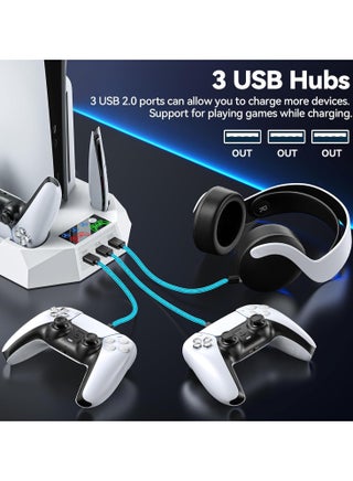 حامل PS5، حامل PS5 Slim مع محطة تبريد وشحن ومصباح LED RGB - يناسب وحدات تحكم PS5 القياسية والنحيفة (قرص/رقمي) | شاحن مزدوج لوحدة التحكم، ومروحة توربو، و3 منافذ USB وحامل سماعة رأس، أبيض - view 4