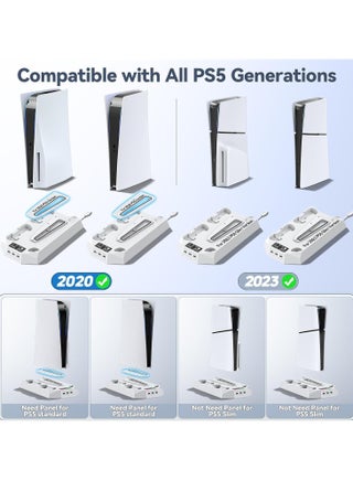 حامل PS5، حامل PS5 Slim مع محطة تبريد وشحن ومصباح LED RGB - يناسب وحدات تحكم PS5 القياسية والنحيفة (قرص/رقمي) | شاحن مزدوج لوحدة التحكم، ومروحة توربو، و3 منافذ USB وحامل سماعة رأس، أبيض - view 5