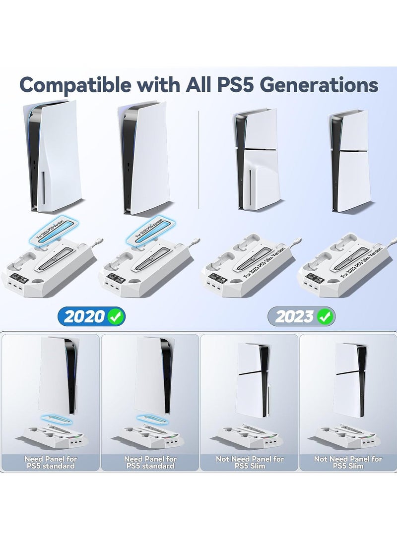 PS5 Stand, PS5 Slim Stand with Cooling, Charging Station & RGB LED - Fits PS5 Standard & Slim Consoles (Disc/Digital) | Dual Controller Charger, Turbo Fan, 3 USB Ports & Headset Holder, White  - Image 5