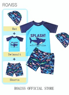 roaiss 3 Piece Kids Swimsuit with Cap Set Toddler Boys Letter Shark Print Swimwear Children Swimming Trunks Short Sleeves Clothing Beachwear Bathing Suit for Summer Blue/Multicolor  - Image 1