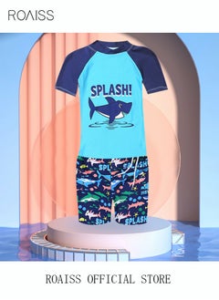 roaiss 3 Piece Kids Swimsuit with Cap Set Toddler Boys Letter Shark Print Swimwear Children Swimming Trunks Short Sleeves Clothing Beachwear Bathing Suit for Summer Blue/Multicolor  - Image 2