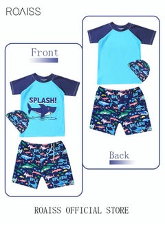 roaiss 3 Piece Kids Swimsuit with Cap Set Toddler Boys Letter Shark Print Swimwear Children Swimming Trunks Short Sleeves Clothing Beachwear Bathing Suit for Summer Blue/Multicolor  - Image 3