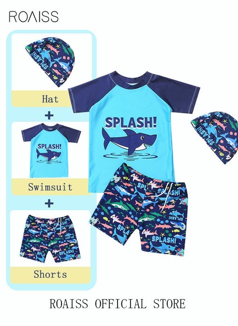3 Piece Kids Swimsuit with Cap Set Toddler Boys Letter Shark Print Swimwear Children Swimming Trunks Short Sleeves Clothing Beachwear Bathing Suit for Summer Blue/Multicolor