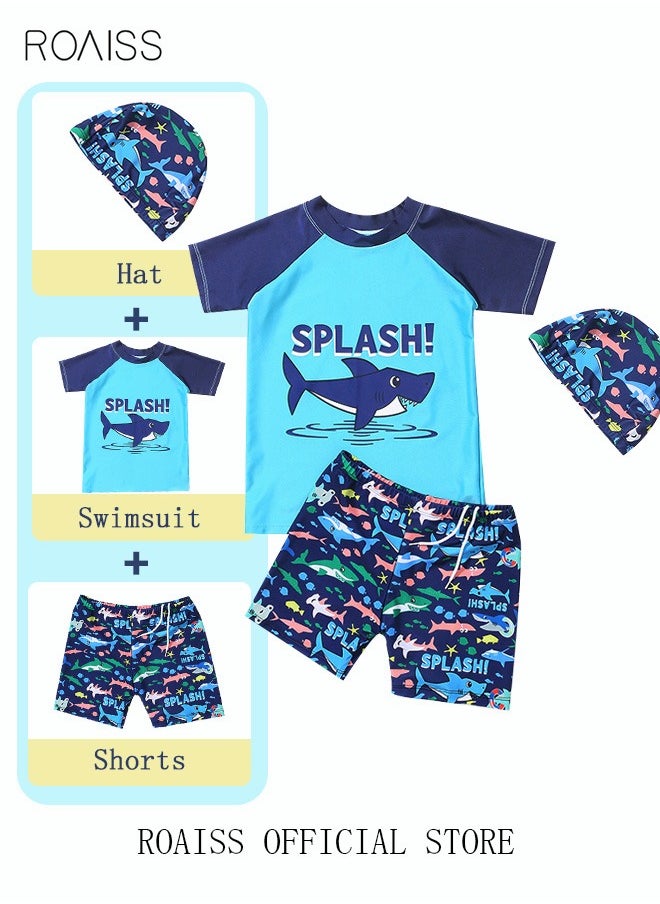 roaiss 3 Piece Kids Swimsuit with Cap Set Toddler Boys Letter Shark Print Swimwear Children Swimming Trunks Short Sleeves Clothing Beachwear Bathing Suit for Summer Blue/Multicolor  - Image 1