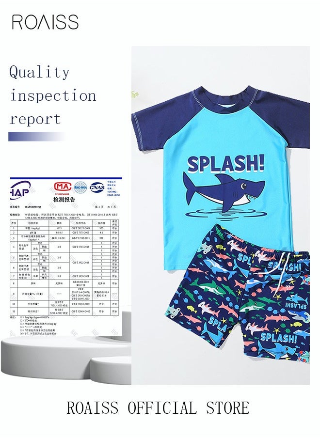 roaiss - 3 Piece Kids Swimsuit with Cap Set Toddler Boys Letter Shark Print Swimwear Children Swimming Trunks Short Sleeves Clothing Beachwear Bathing Suit for Summer Blue/Multicolor - Image 1