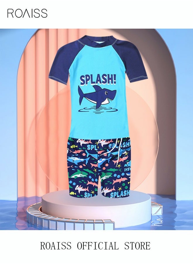 roaiss 3 Piece Kids Swimsuit with Cap Set Toddler Boys Letter Shark Print Swimwear Children Swimming Trunks Short Sleeves Clothing Beachwear Bathing Suit for Summer Blue/Multicolor  - Image 2