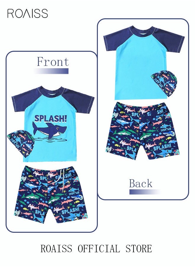 roaiss 3 Piece Kids Swimsuit with Cap Set Toddler Boys Letter Shark Print Swimwear Children Swimming Trunks Short Sleeves Clothing Beachwear Bathing Suit for Summer Blue/Multicolor  - Image 3