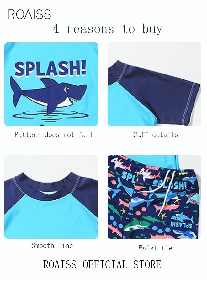 roaiss - 3 Piece Kids Swimsuit with Cap Set Toddler Boys Letter Shark Print Swimwear Children Swimming Trunks Short Sleeves Clothing Beachwear Bathing Suit for Summer Blue/Multicolor - Image 1