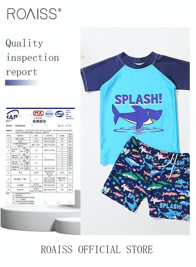3 Piece Kids Swimsuit with Cap Set Toddler Boys Letter Shark Print Swimwear Children Swimming Trunks Short Sleeves Clothing Beachwear Bathing Suit for Summer Blue/Multicolor