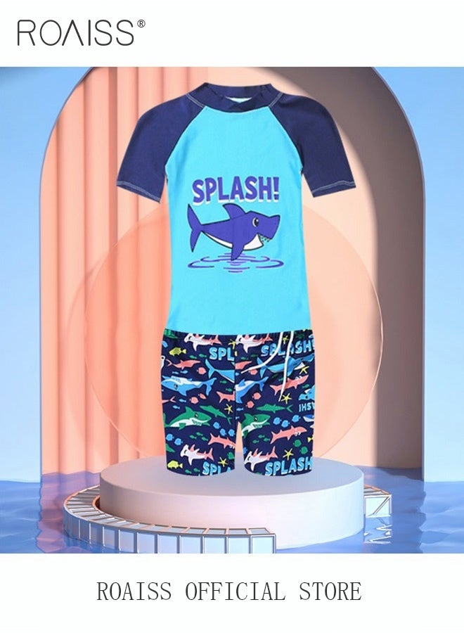 رويس 3 قطع أطفال ملابس السباحة مع مجموعة قبعة مجموعة الأولاد لاعبون رسائل أسماك أغطية ملابس السباحة أطفال سباحة سترات قصيرة من الأكمام القصيرة من أعلى ملابس السباحة لباسك الصيفي/متعدد الألوان - Image 2