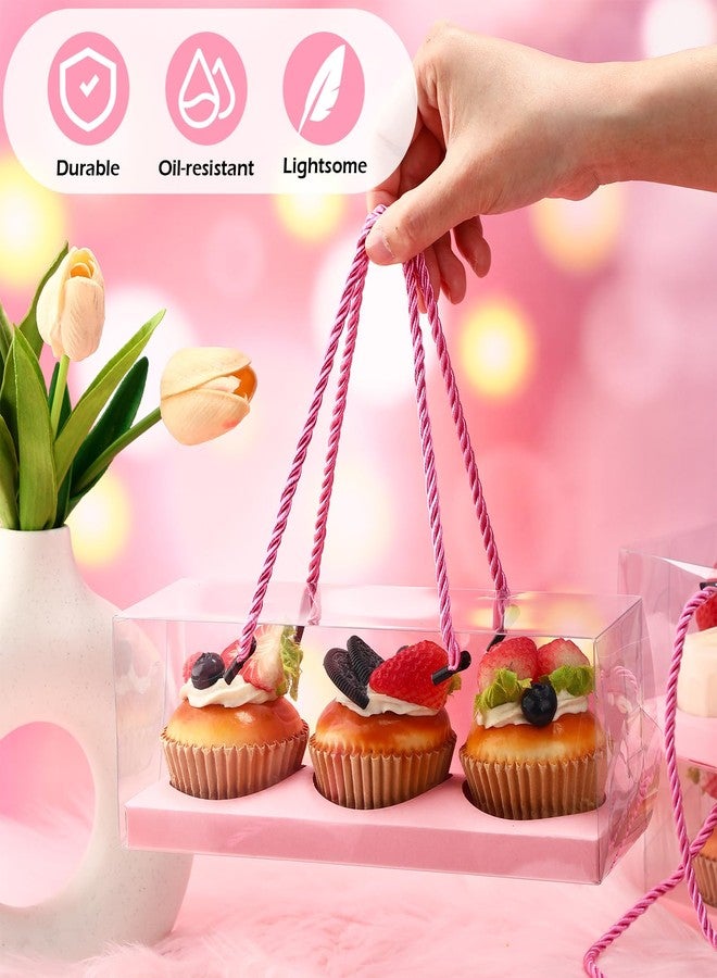 Thenshop علبة كب كيك شفافة من Thenshop، 40 قطعة، مستطيلة الشكل، 9 × 3 × 3 بوصة، 3 أقسام، علبة هدايا للمعجنات والبسكويت مع مقبض حبل، مناسبة لعيد الأم وأعياد الميلاد وحفلات الزفاف (لون وردي). - Image 4
