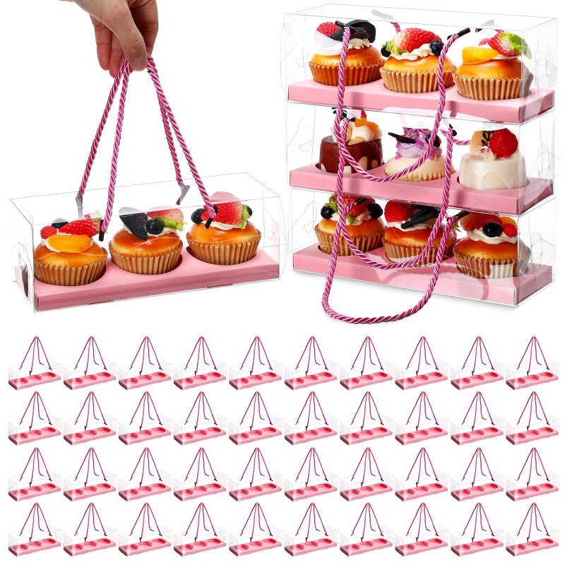Thenshop علبة كب كيك شفافة من Thenshop، 40 قطعة، مستطيلة الشكل، 9 × 3 × 3 بوصة، 3 أقسام، علبة هدايا للمعجنات والبسكويت مع مقبض حبل، مناسبة لعيد الأم وأعياد الميلاد وحفلات الزفاف (لون وردي). - Image 1