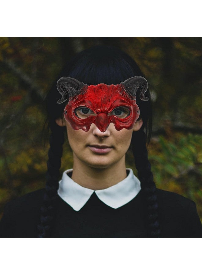 ستوبوك قناع شيطان الهالوين نصف وجه مخيف، قناع شبح قرن مخيف، قناع تنكري للوحش لزي تنكري الهالوين، بني - Image 2
