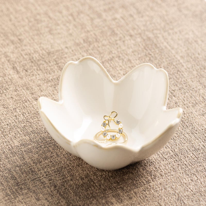 zerokyclan Ceramic Ring Holder Tray - Decorative Floral Trinket Bowl for Jewelry Storage & Vanity Decor(white) - Image 1