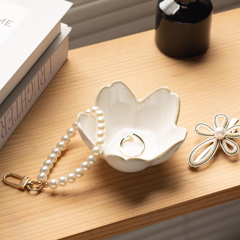 zerokyclan Ceramic Ring Holder Tray - Decorative Floral Trinket Bowl for Jewelry Storage & Vanity Decor(white) - Image 4