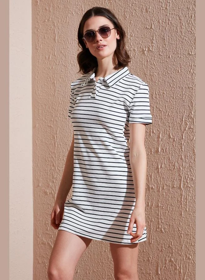 Lela Lela Striped Slim Fit Mini Length Buttoned Polo Collar Short Sleeve Dress Women's DRESS 5866151