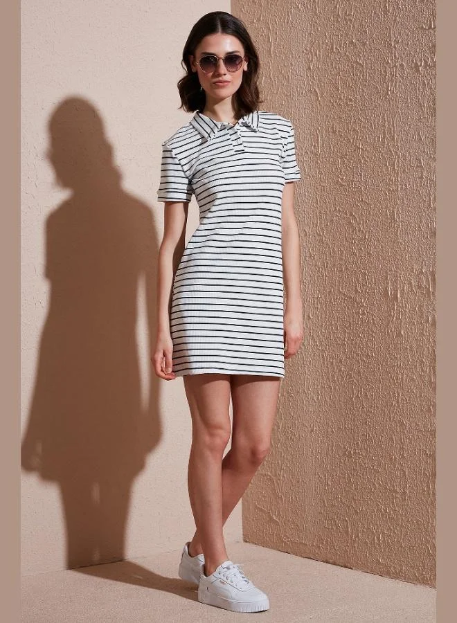 Lela Lela Striped Slim Fit Mini Length Buttoned Polo Collar Short Sleeve Dress Women's DRESS 5866151