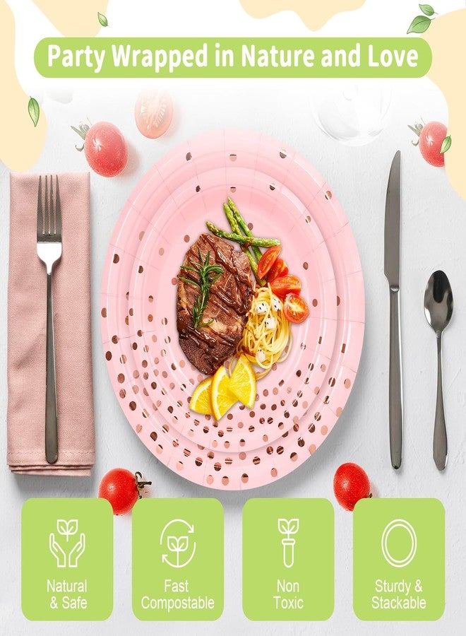 LANLISA 50 Pink and Rose Gold Paper Plates Set Includes 25-9" & 25-7" Disposable Birthday Cake Dessert Plates for Party Supplies - Image 3