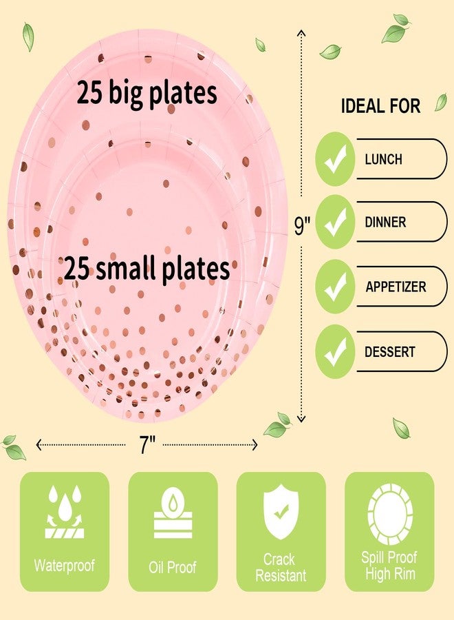 LANLISA 50 Pink and Rose Gold Paper Plates Set Includes 25-9" & 25-7" Disposable Birthday Cake Dessert Plates for Party Supplies - Image 5