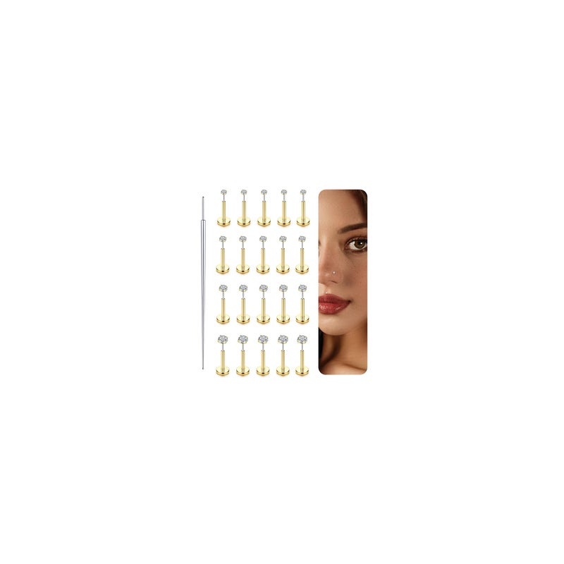 FUNRUN JEWELRY 14K Gold Nose Studs For Women 316L Surgical Steel Nose Ring Lip Studs Push In Flat Back Stud Earrings Cz Nose Nostril Tragus Helix Piercing Jewelry Silver Gold 20G 18G, G-18G-6mm - Image 1