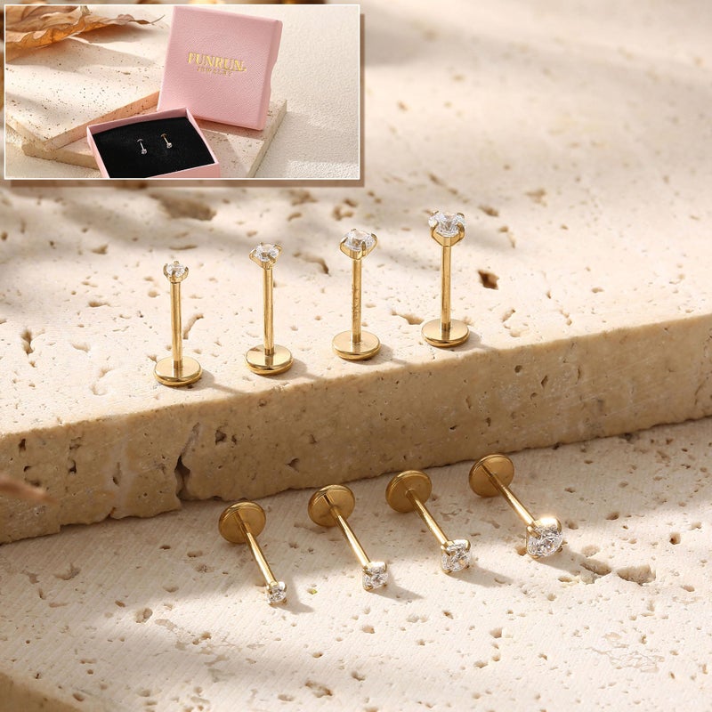 FUNRUN JEWELRY 14K Gold Nose Studs For Women 316L Surgical Steel Nose Ring Lip Studs Push In Flat Back Stud Earrings Cz Nose Nostril Tragus Helix Piercing Jewelry Silver Gold 20G 18G, G-18G-6mm - Image 5