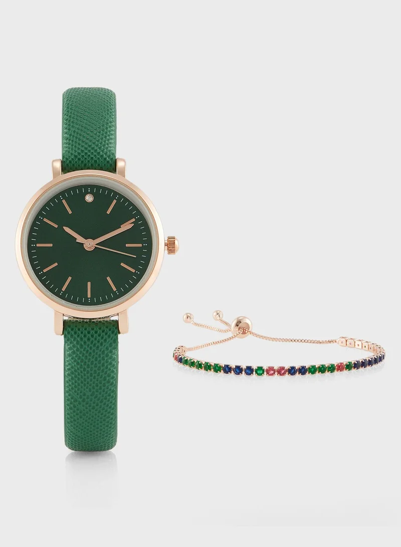 ELLA Classic Analogue Watch & Cz Rhinestone Bracelet Gift Set