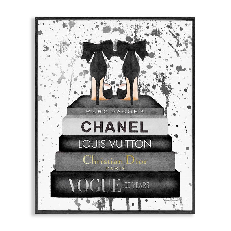Stupell Industries Glam Fashion Book Stack Grey Bow Pump Heels Ink Black Framed Wall Art, 16 x 20, Design by Artist Amanda Greenwood - Image 1