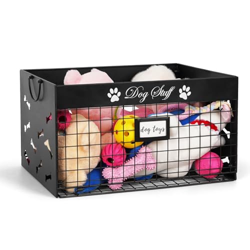 Bfttlity Dog Toy Basket Large Dog Toy Box with Handles and Label Position Design for Living Room Metal Dog Toy Bin Storage for Dogs Chew Pets Toys Blankets Clothes Food Black - Image 1