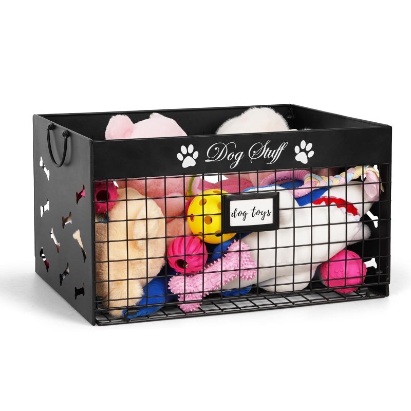 Bfttlity Dog Toy Basket Large Dog Toy Box with Handles and Label Position Design for Living Room Metal Dog Toy Bin Storage for Dogs Chew Pets Toys Blankets Clothes Food Black - Image 2
