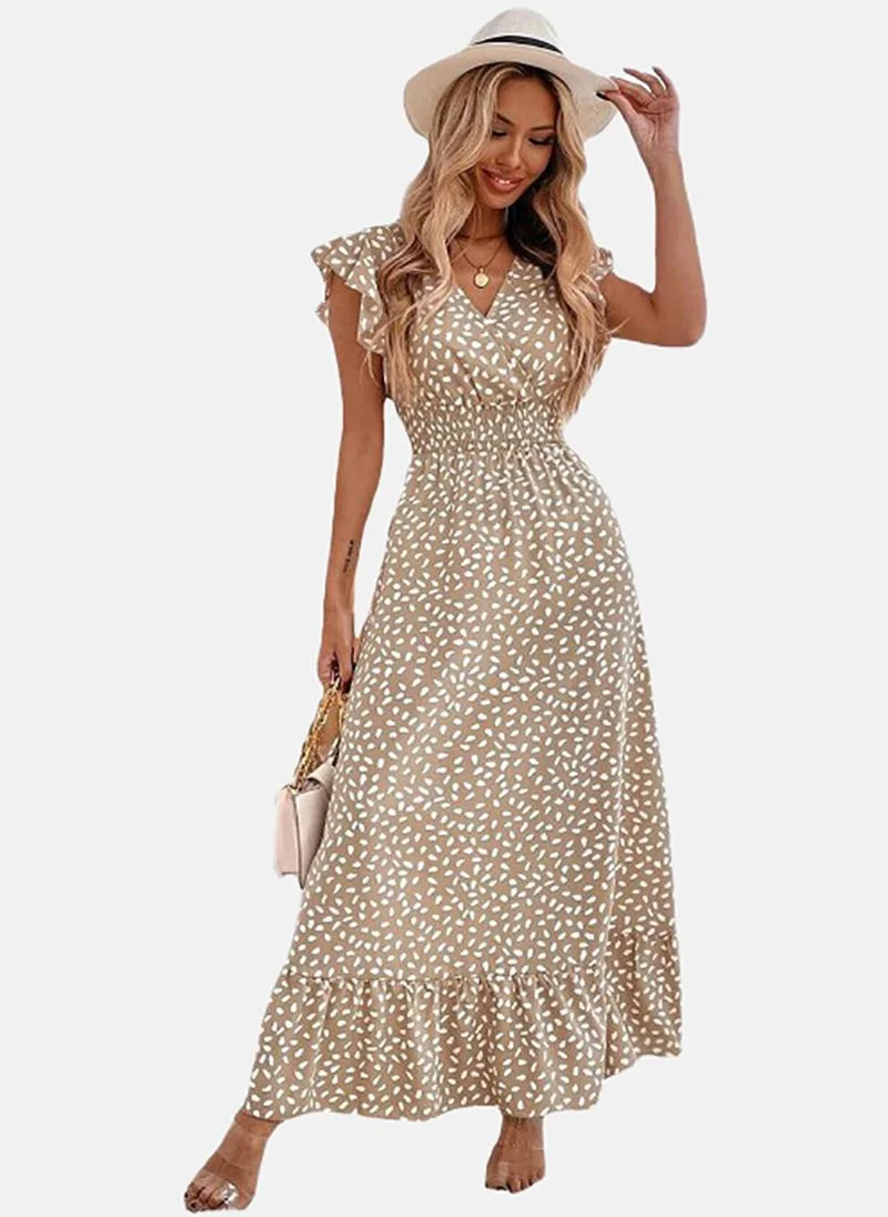 يونيكي Brown Basic Animal Print V Neck Short Sleeve Dress