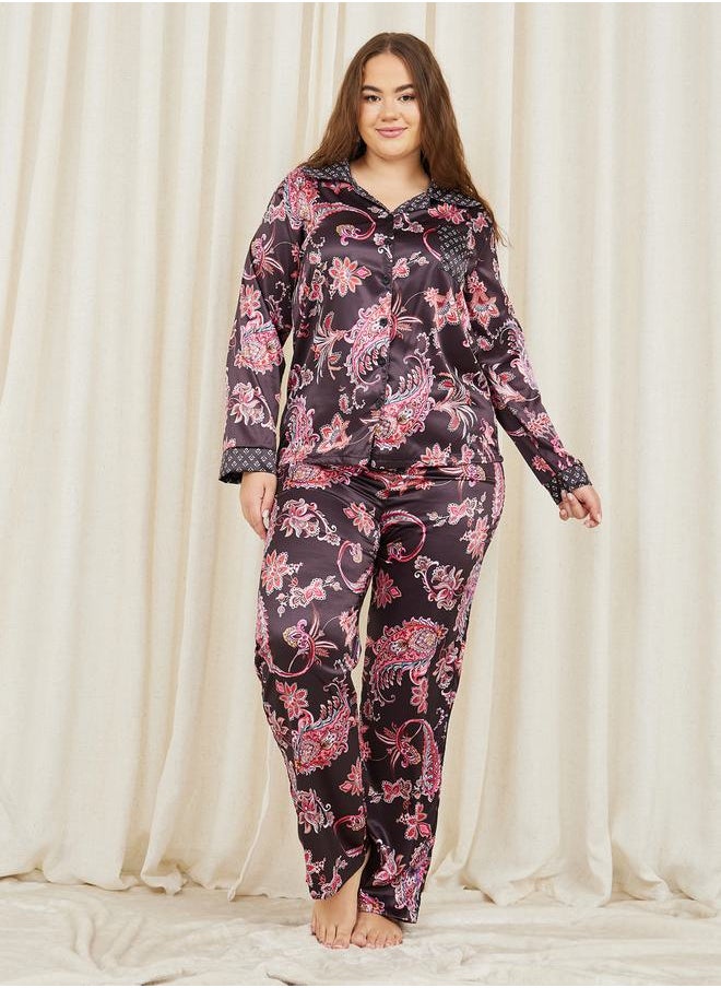 Styli - Plus Satin Paisley Print Shirt and Pyjama Set - Image 1
