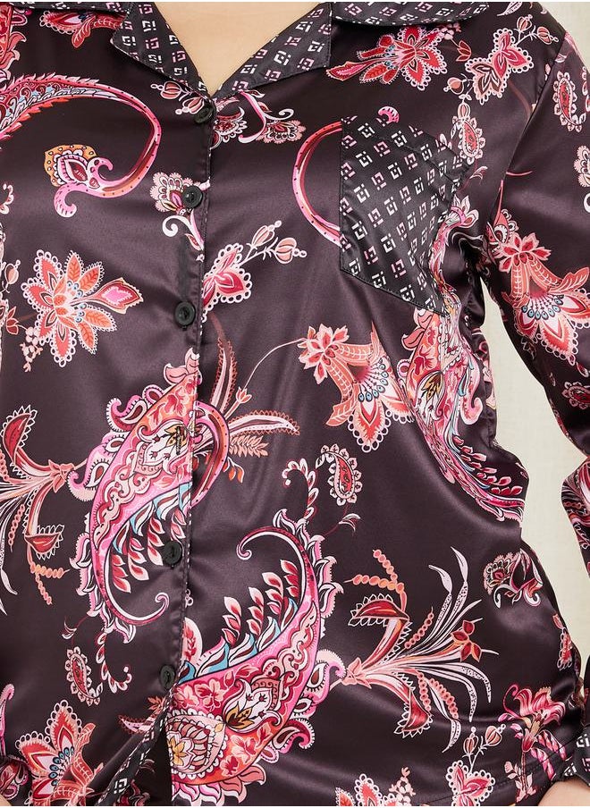 Styli - Plus Satin Paisley Print Shirt and Pyjama Set - Image 1