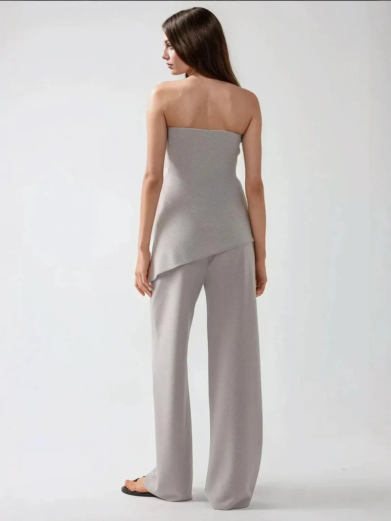 HICCUP Ice Blue Textured Strapless Top & Pants Two Pieces Set for Women | Best Price UAE
