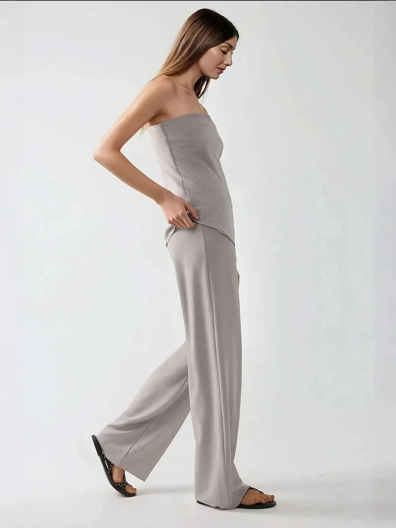 HICCUP Textured Strapless Top & Pants Two Pieces Set