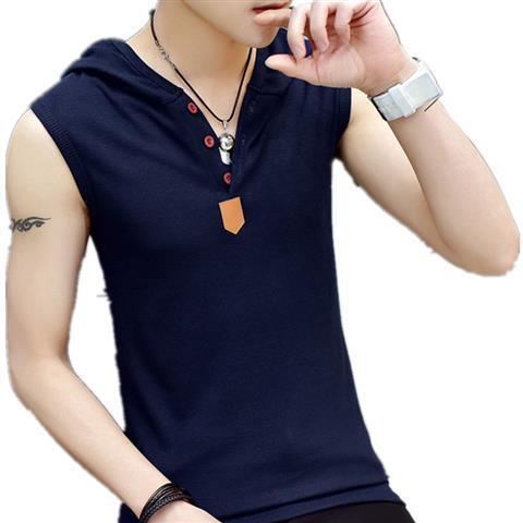 Summer Hooded Sleeveless Vest Waistcoat Korean Style Slim Fit Fitness Sports Casual Mens Short-sleeved T-shirt T-shirt V-neck Trendy dark blue hooded 99181