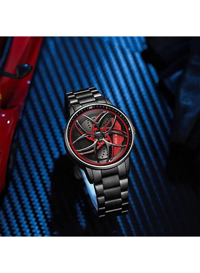 Men's Watch Designer 3D Skeleton Rotation Car Wheel Stainless Steel Leather Band Wrist Watches for Men Analog Quartz Watch Daily Life Waterproof Unique Creative  - Image 2
